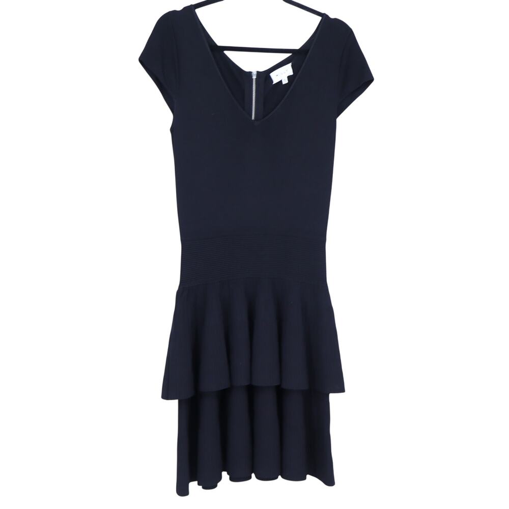 Milly Heavy Knit V Neck Dress Black Tiered Skirt Short Sleeve Women's Cocktail M
